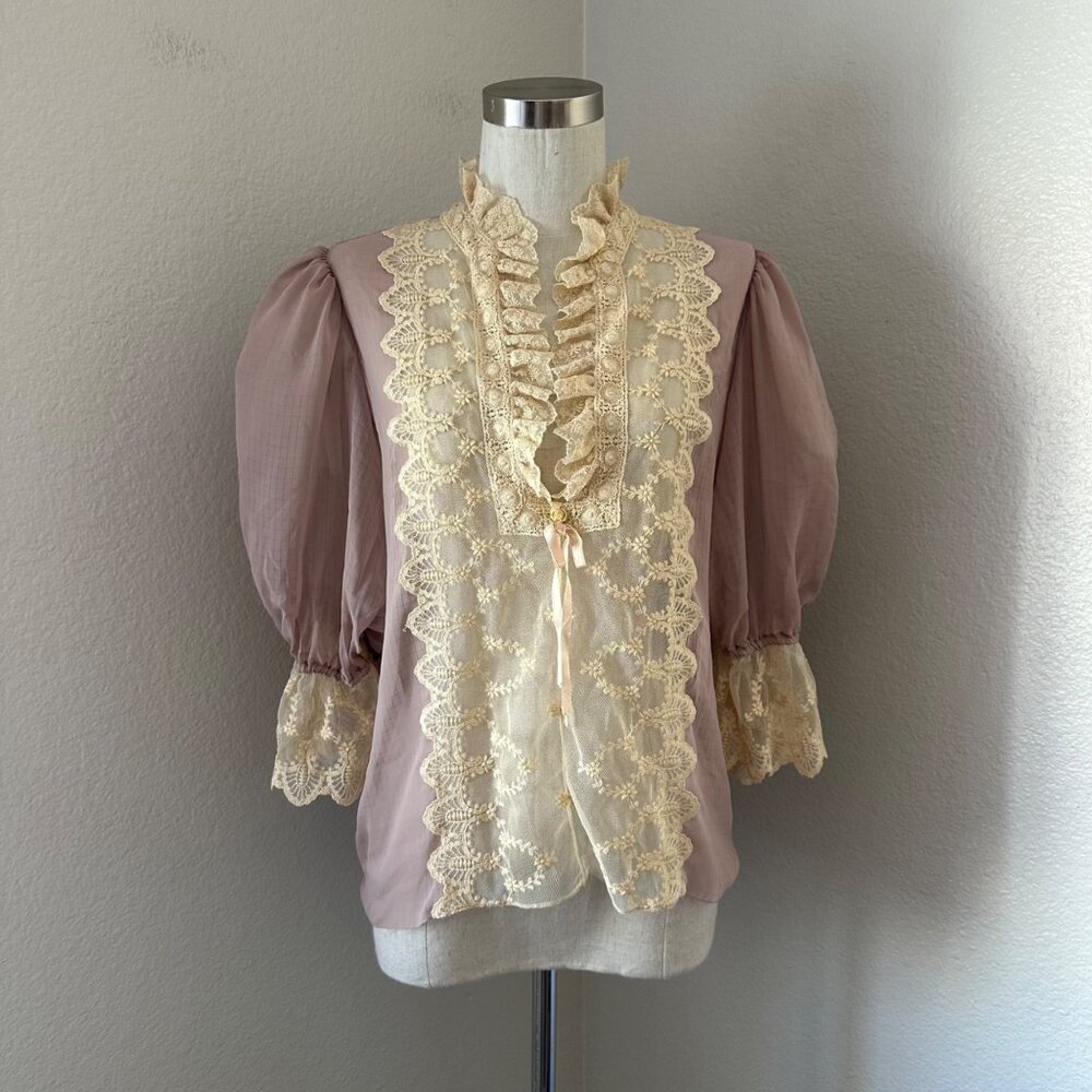 Vintage Victorian Ecru Lace Pullover Blouse Front Deep Slit Stand Collar Chiffon